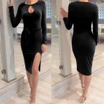 Fashion Sexy Solid Color Hollow Out Long Sleeve Slit Dress 