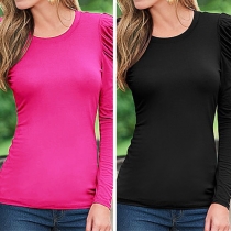 Fashion Solid Color Round Neck Long Puff Sleeve Tops 