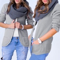 Fashion Solid Color Long Sleeve Front Pocket Knit Cardigan 