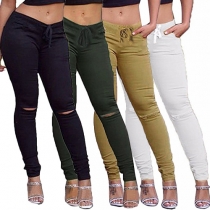 Fashion Solid Color Drwastring Waist Stretch Slim Fit Ripped Pants 