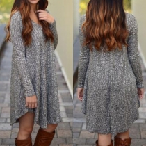 Fashion Casual Solid Color V-neck Long Sleeve Sweater Dress 