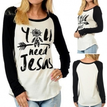 Fashion Spliced Letters Printed Long Sleeve Round Neck Tops 