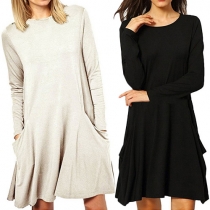 Fashion Casual Solid Color Long Sleeve Round Neck Front Double Pocket Dress 