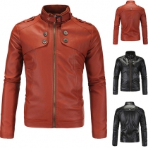 Fashion Solid Color Stand Collar Long Sleeve PU Leather Men's Coat 