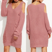 Fashion Solid Color Cold Shoulder V-neck Knit Sweater Dress 