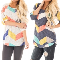 Fashion Contrast Color 3/4 Sleeve Round Neck Tops