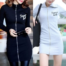 Fashion Sexy Letters Printed Long Sleeve Front Zipper Sports Dress 