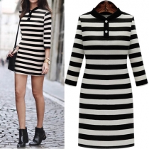Fashion Striped 3/4 Sleeve Front Button Knit Dress 
