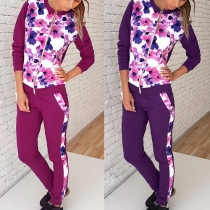 Fashion Casual Flower Printed Front Zipper Long Sleeve Sports Suit 