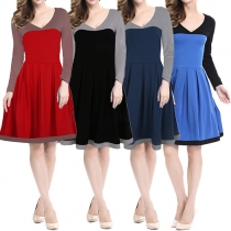 Fashion Color Spliced Deep V-neck Long Sleeve Pleated Dress 