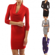 Fashion Solid Color Shawl Collar Long Sleeve Knit Bodycon Dress 