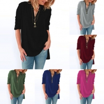Fashion Casual Solid Color Long Sleeve V-neck Tops 