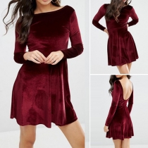 Sexy Backless Long Sleeve Round Neck Solid Color Dress