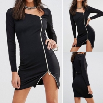 Fashion Solid Color Long Sleeve Round Neck Side Zipper Tight Dress