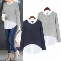 Fashion Contrast Color Long Sleeve Mock Two-piece Shirt