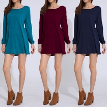 Fashion Solid Color Round Neck Puff Sleeve Dress 