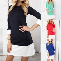 Fashion Color Spliced Half Sleeve Front Pocket Slim Fit Dress 