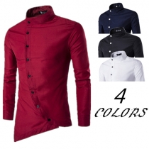 Retro Ethnic Solid Color Stand Collar Oblique Button Irregular Shirt