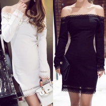 Fashion Sexy Solid Color Off-shoulder Long Sleeve Hollow Out Bodycon Dress