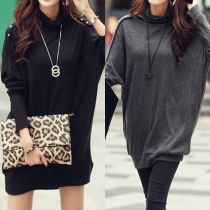 Fashion Casual Solid Color Bat Sleeve Turtleneck Loose-fitting Dress 