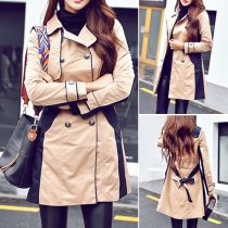 Fashion Color Spliced Double-breasted Lapel Trench Coat With Waist Strap 