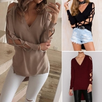 Fashion Solid Color Hollow Out Bandage V-neck Side Slit Knit Tops 