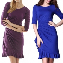 Fashion Solid Color Half Sleeve Tunic Pleated Flouncing Dress   