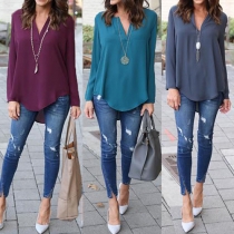 Fashion Solid Color Long Sleeve V-neck High-low Hem Chiffon Shirt