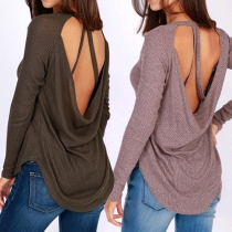 Sexy Backless Long Sleeve Round Neck Solid Color Knit Tops