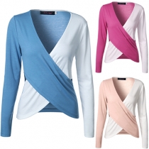 Sexy Crossover Deep V-neck Long Sleeve Contrast Color T-shirt