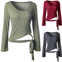 Fashion Solid Color Long Sleeve Round Neck Lace-up Hem T-shirt