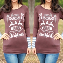 Fashion Letters Printed Striped Spliced Long Sleeve Round Neck T-shirt