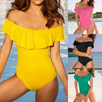Sexy Off-shoulder Boat Neck Solid Color One-piece Swimsuit