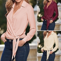 Fashion Solid Color Long Sleeve V-neck Lace-up Hem Shirt