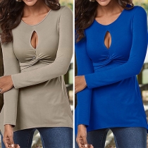 Sexy Knotted Hollow Out Long Sleeve Irregular Hem Solid Color T-shirt