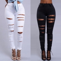 Distressed Style High Waist Ripped Pencil Pants