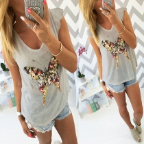 Fashion Sequin Butterfly Lotus Sleeve V-neck T-shirt