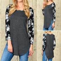 Fashion Printed Spliced Long Sleeve Round Neck T-shirt