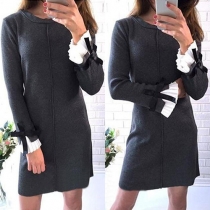 OL Style Contrast Color Lotus Sleeve Round Neck Slim Fit Dress