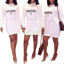 Fashion Casual Letters Printed Round Neck Long Sleeve Dress 