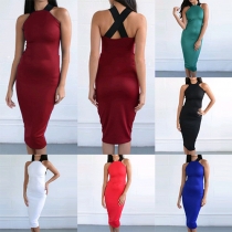 Fashion Sexy Solid Color Sleeveless Back Crossover Halter Bodycon Dress 