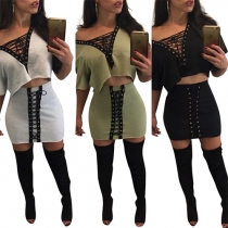 Fashion Sexy Short Sleeve Bandage Tops + Sheath Skirt Two-piece Set 