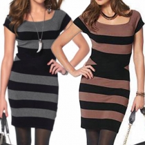 Fashion Striped Square-cut Collar Short Sleeve Slim Fit Dress 