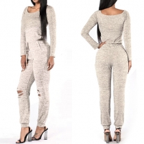 Fashion Casual Solid Color Long Sleeve Hollow Out Slim Fit Jumpsuits