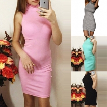Fashion Sexy Solid Color Sleeveless Turtleneck Sheath Dress 