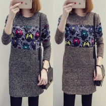 Fashion Casual All-match Printed Round Neck Long Sleeve Dress