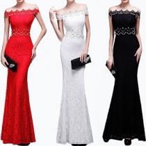 Fashion Elegant Solid Color Off-shoulder Lace Evening Maxi Dress 