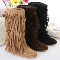 Fashion Casual Solid Color Tassel Round Toe Flat Boots 