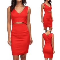 Sexy V-neck Hollow Out High Waist Sleeveless Slim Fit Party Dress
