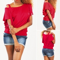 Sexy Off-shoulder Lotus Sleeve Solid Color T-shirt